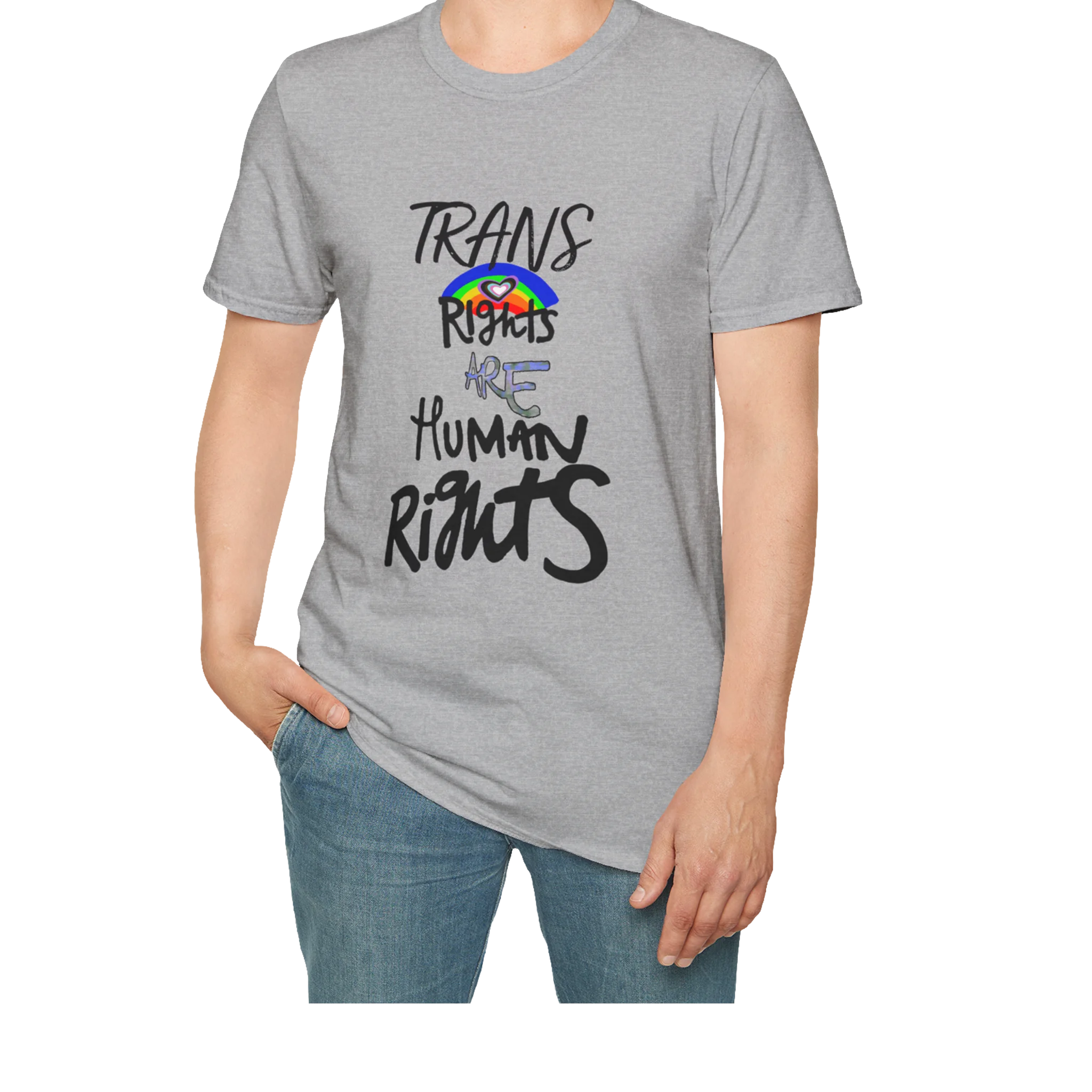 A person wearing the sport grey Trans Rights Are Human Rights T-Shirt — hand-lettered rainbow graphic, front preview — LGBTQ pride tee.