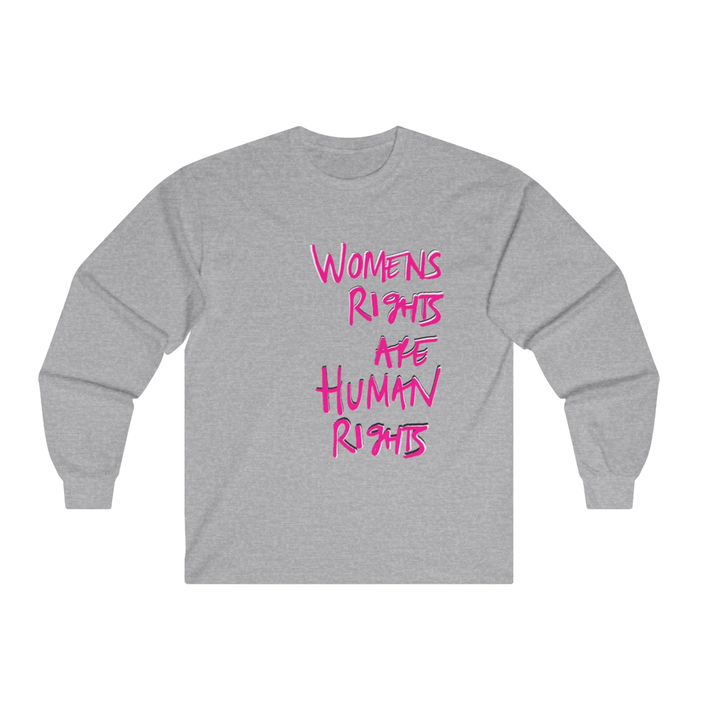 Sport Grey Women's Rights long sleeve tee, handwritten Womens Rights Are Human Rights graphic, crew neck, front view.