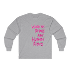 Sport Grey Women's Rights long sleeve tee, handwritten Womens Rights Are Human Rights graphic, crew neck, front view.