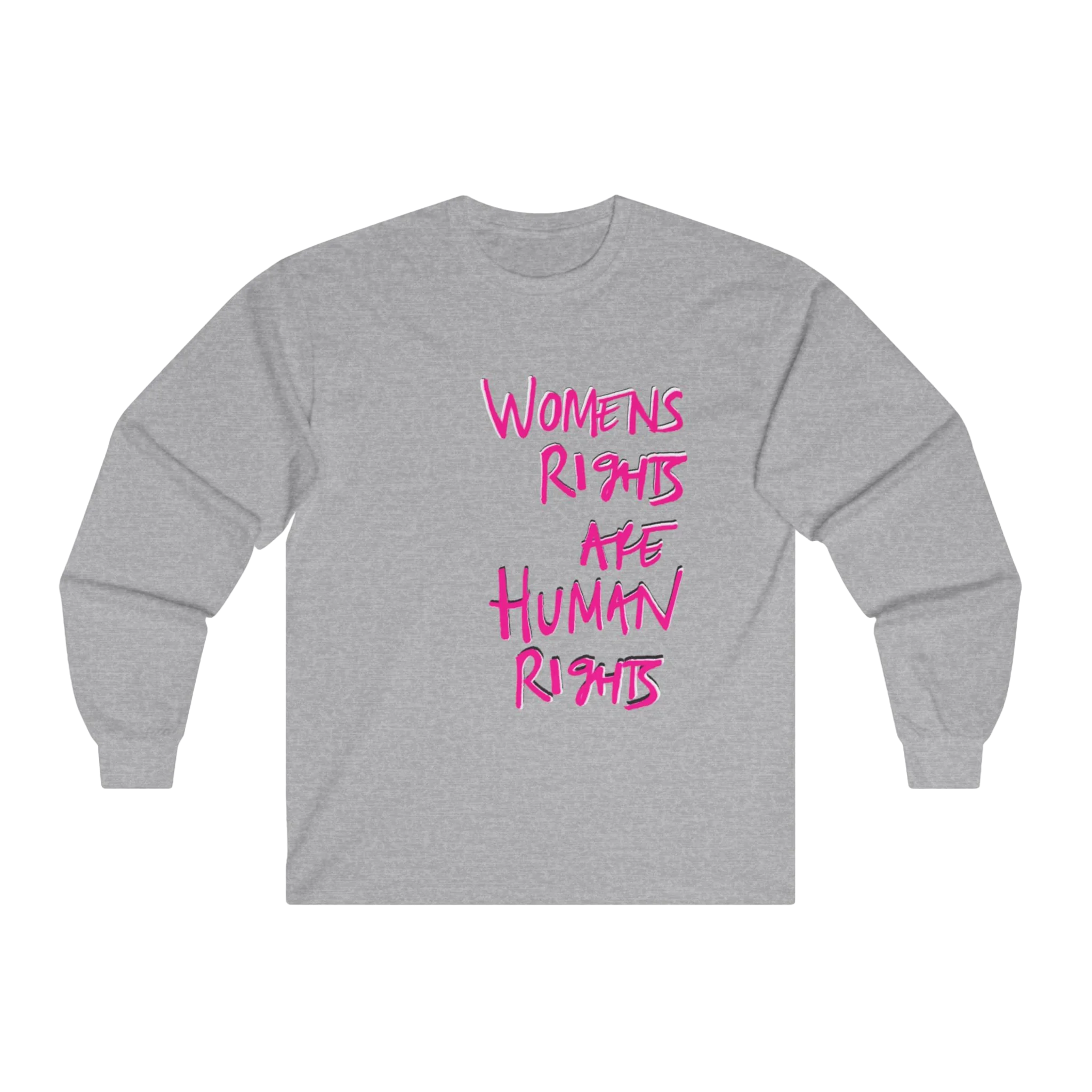 Sport Grey Women's Rights long sleeve tee, handwritten Womens Rights Are Human Rights graphic, crew neck, front view.
