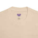 Classic fit crew neck tee, sand, collar close-up showing FREEBRD brand label, 100% cotton.