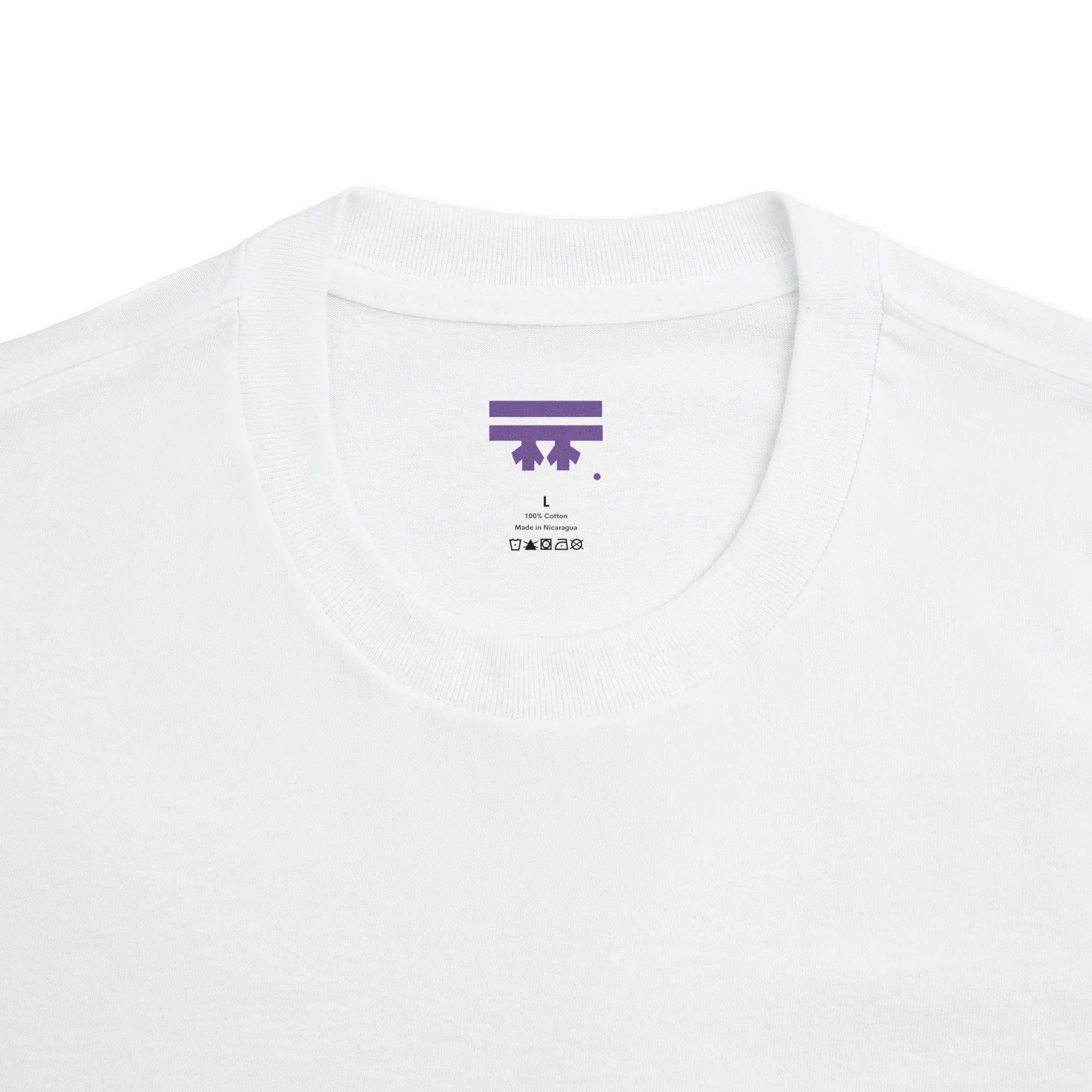 Classic fit crew neck tee, white, collar close-up showing FREEBRD brand label, 100% cotton.