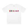 Classic fit crew neck tee, white, front view, hand-drawn multicolor lettering reading REMEMBER in red, blue, green, orange, purple, and pink.