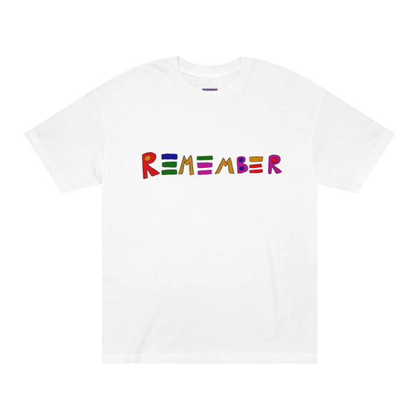 Classic fit crew neck tee, white, front view, hand-drawn multicolor lettering reading REMEMBER in red, blue, green, orange, purple, and pink.