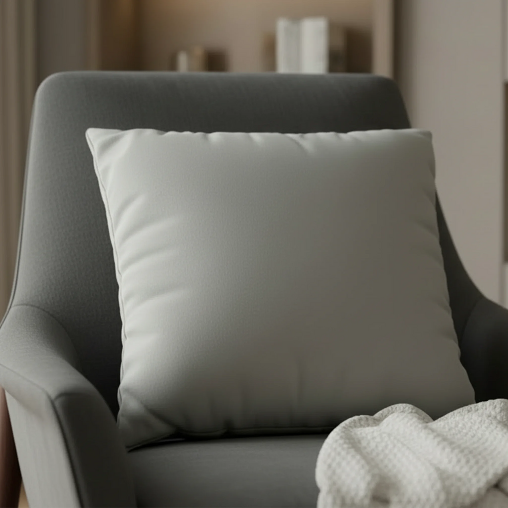 Stardust Grey faux suede pillowcase styled on a modern sofa chair in a living room.