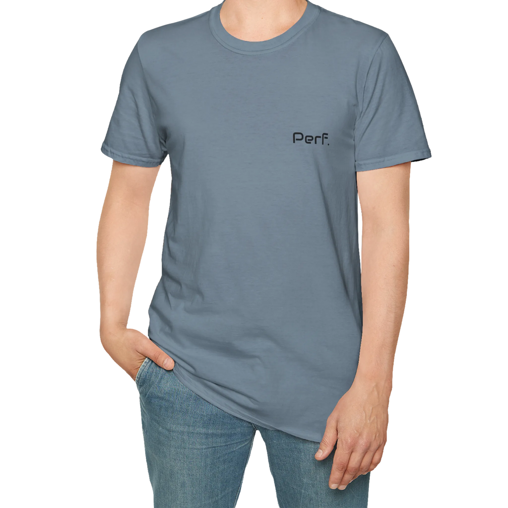 A person wearing the stone blue perf retro graphic t-shirt in an outfit styling.