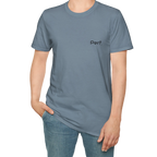 A person wearing the stone blue perf retro graphic t-shirt in an outfit styling.