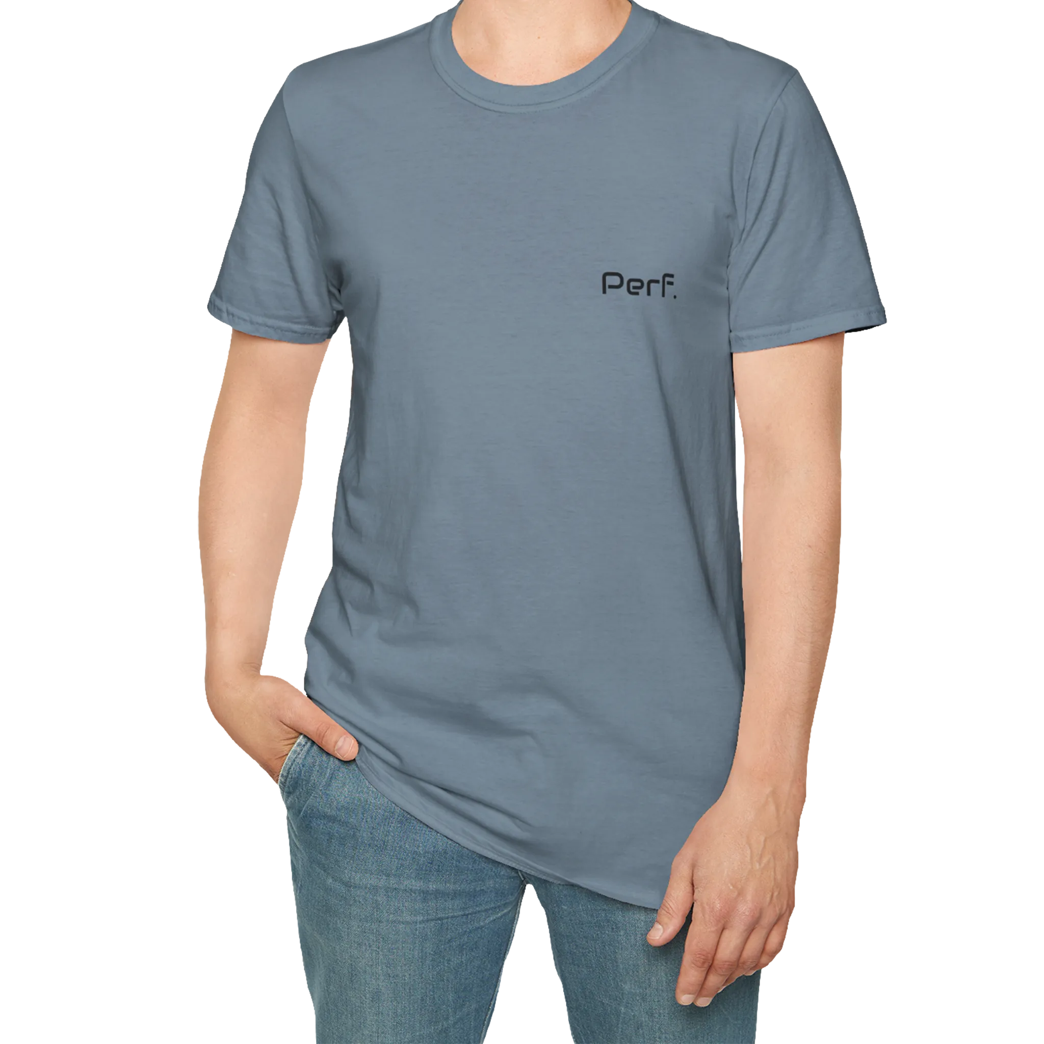 A person wearing the stone blue perf retro graphic t-shirt in an outfit styling.