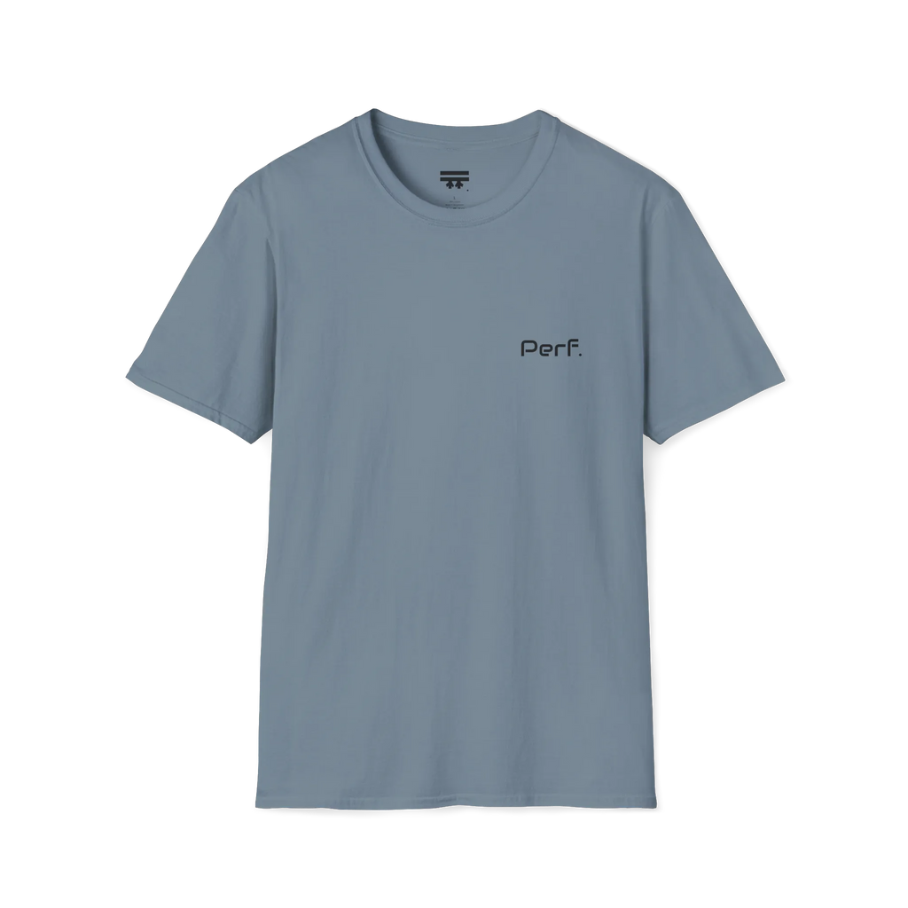 A stone blue perf retro graphic t-shirt featuring a bold 'Perf' graphic on the chest, front view