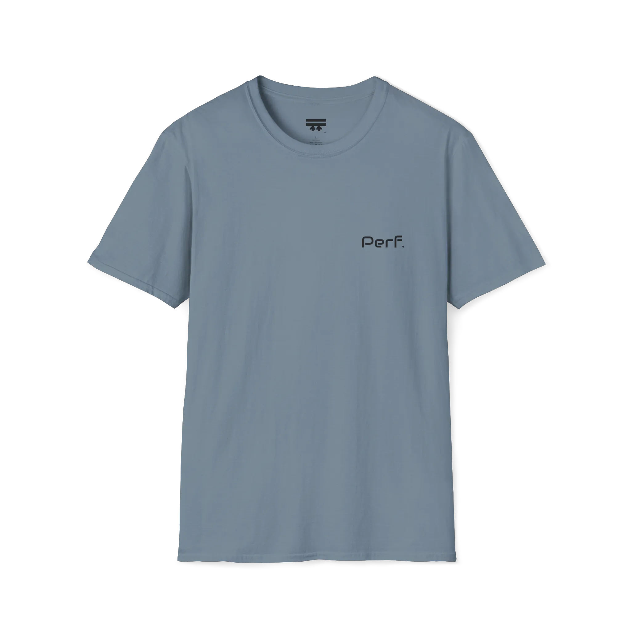 A stone blue perf retro graphic t-shirt featuring a bold 'Perf' graphic on the chest, front view