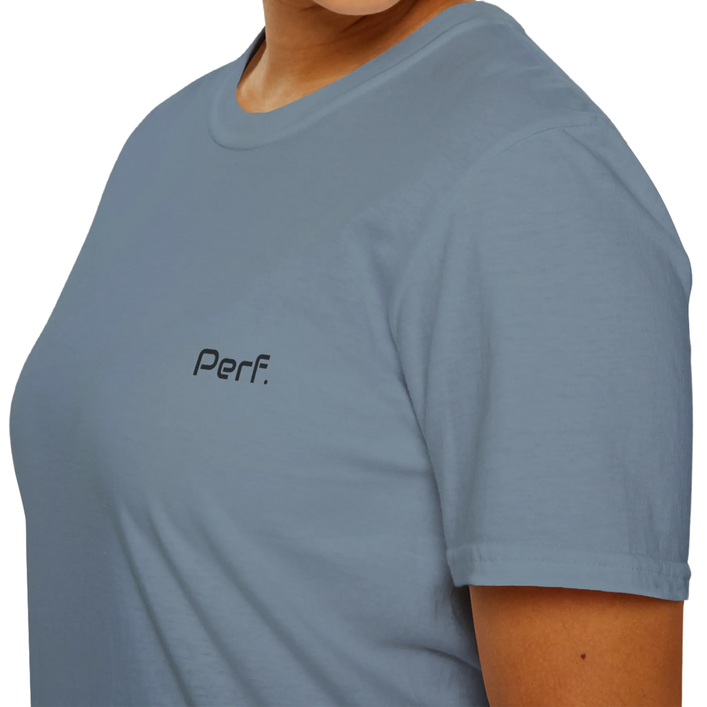 A close-up front view of the stone blue perf retro graphic t-shirt.
