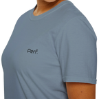 A close-up front view of the stone blue perf retro graphic t-shirt.
