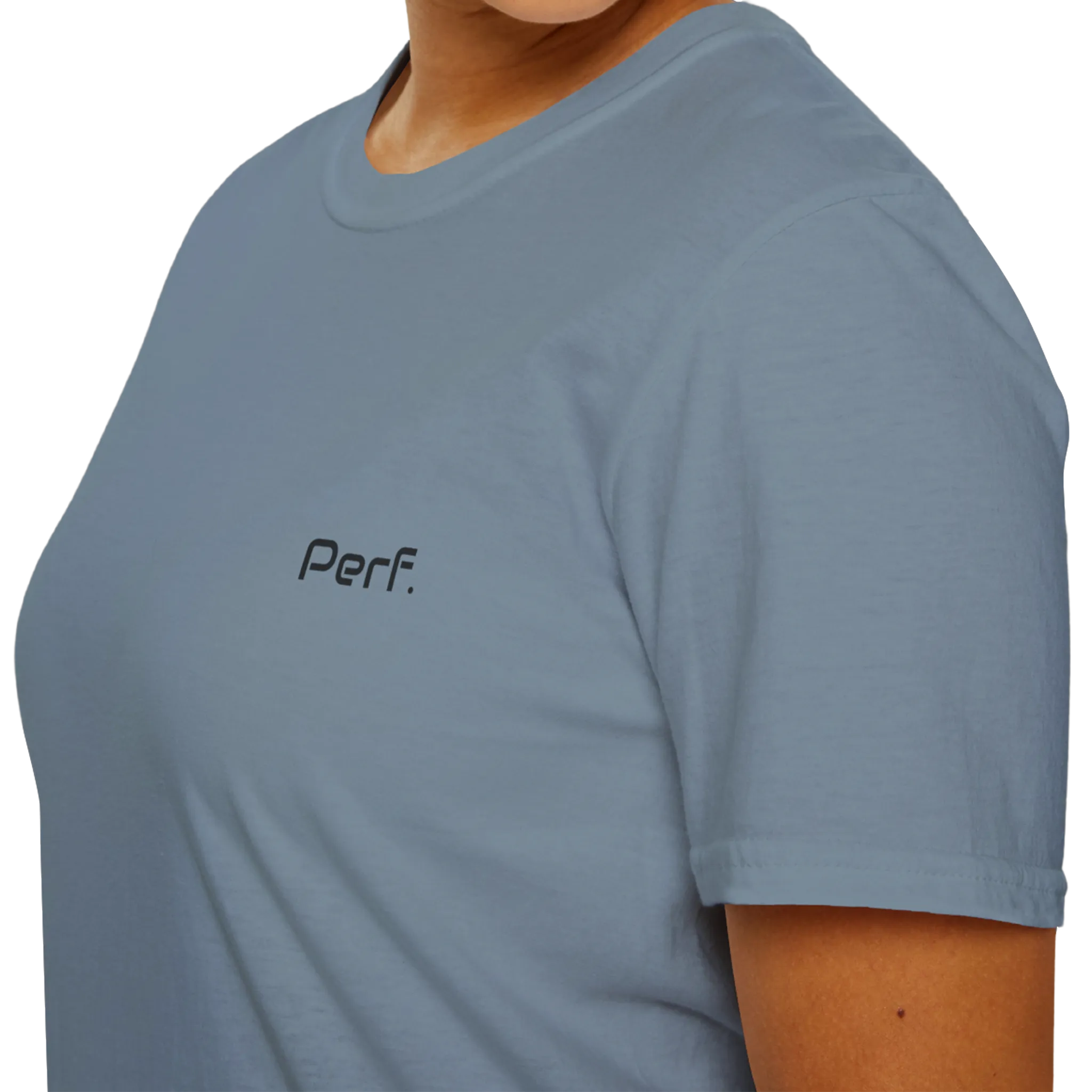 A close-up front view of the stone blue perf retro graphic t-shirt.