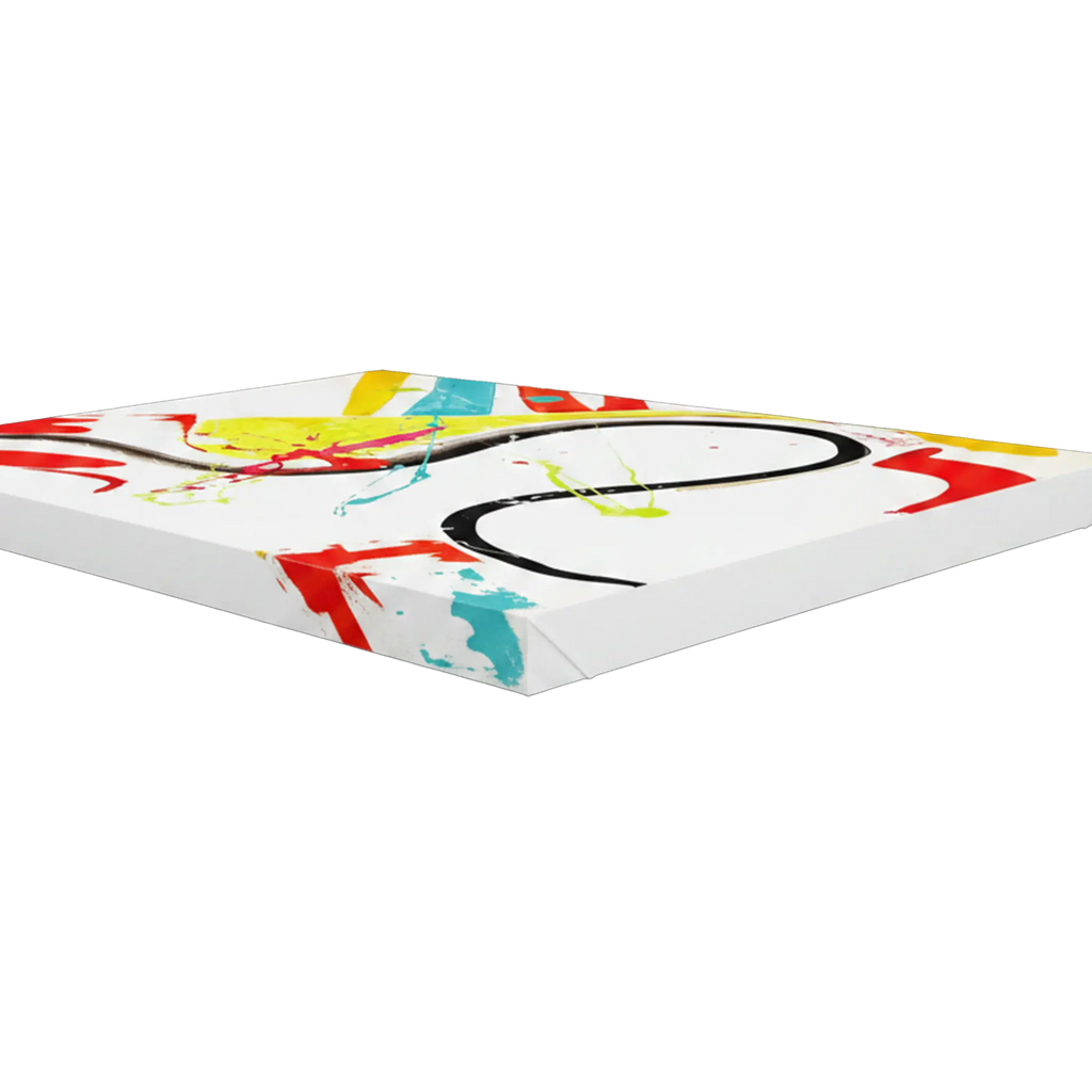 Side profile depth shot of Freebrd "Stripe Status" unframed vibrant abstract canvas art, 30x40 vertical, showcasing 1.25" thick gallery-wrap canvas edge with white-wrapped sides — bold black brushstroke curve, red, yellow, teal, and hot pink abstract details.
