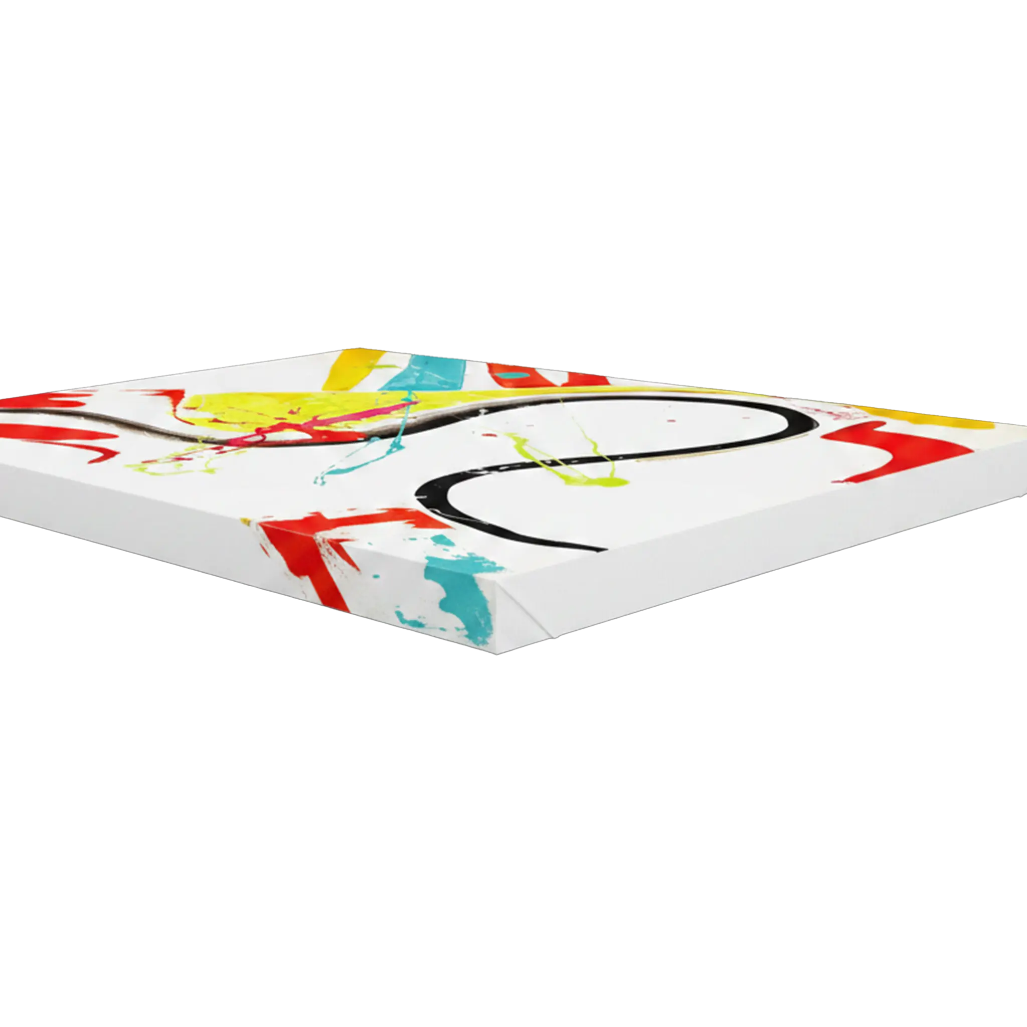 Side profile depth shot of Freebrd "Stripe Status" unframed vibrant abstract canvas art, 30x40 vertical, showcasing 1.25" thick gallery-wrap canvas edge with white-wrapped sides — bold black brushstroke curve, red, yellow, teal, and hot pink abstract details.
