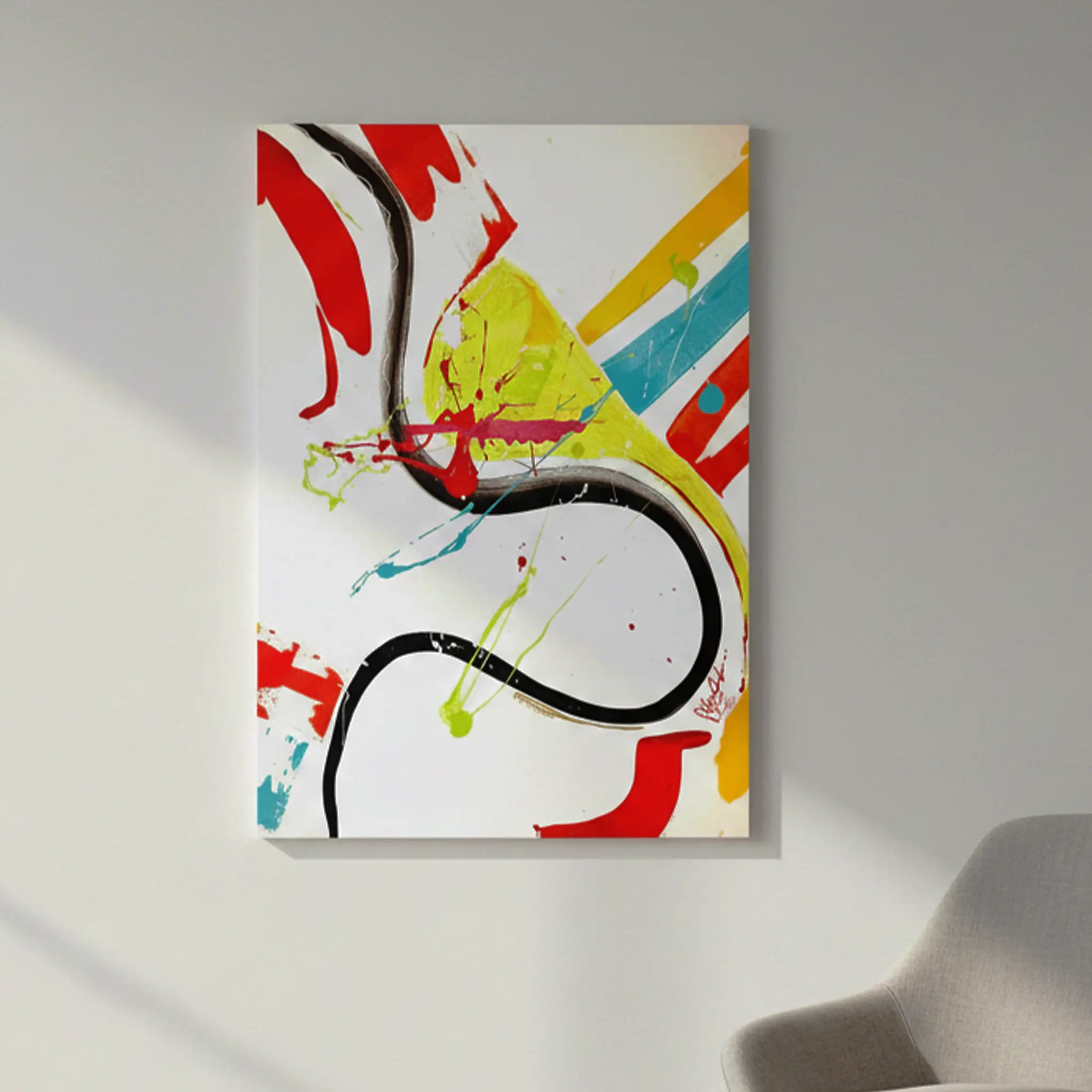 Freebrd "Stripe Status" unframed vibrant abstract canvas art, 30x40 vertical, 1.25" thick white-wrapped edges, hung on clean white wall beside accent chair for size reference — bold black S-curve, red, yellow, teal, and hot pink abstract composition.