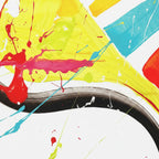 Close-up macro texture of Freebrd "Stripe Status" unframed vibrant abstract canvas art, 30x40 vertical, 1.25" thick, bold fluid black brushstroke, red sgraffito sweeps, neon yellow triangle, teal diagonal stripes, hot pink splatter, and lime green drip dots on white background.