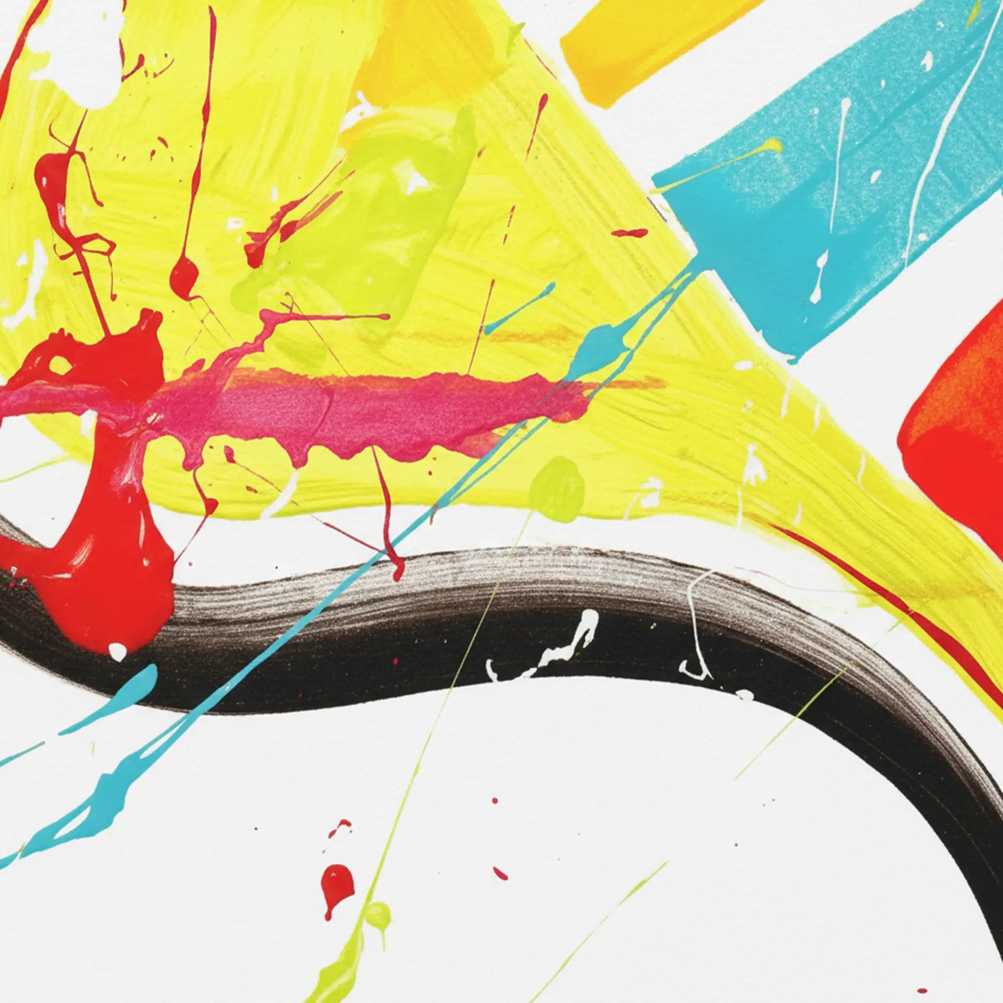 Close-up macro texture of Freebrd "Stripe Status" unframed vibrant abstract canvas art, 30x40 vertical, 1.25" thick, bold fluid black S-curve, red brushstroke sweeps, neon yellow triangle, teal diagonal stripes, hot pink splatter, and lime green drip dots on white background.