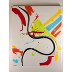 Front view of an abstract acrylic painting with black curves, red brushstrokes, diagonal yellow, blue, and orange stripes, and lime and red splatters on white.