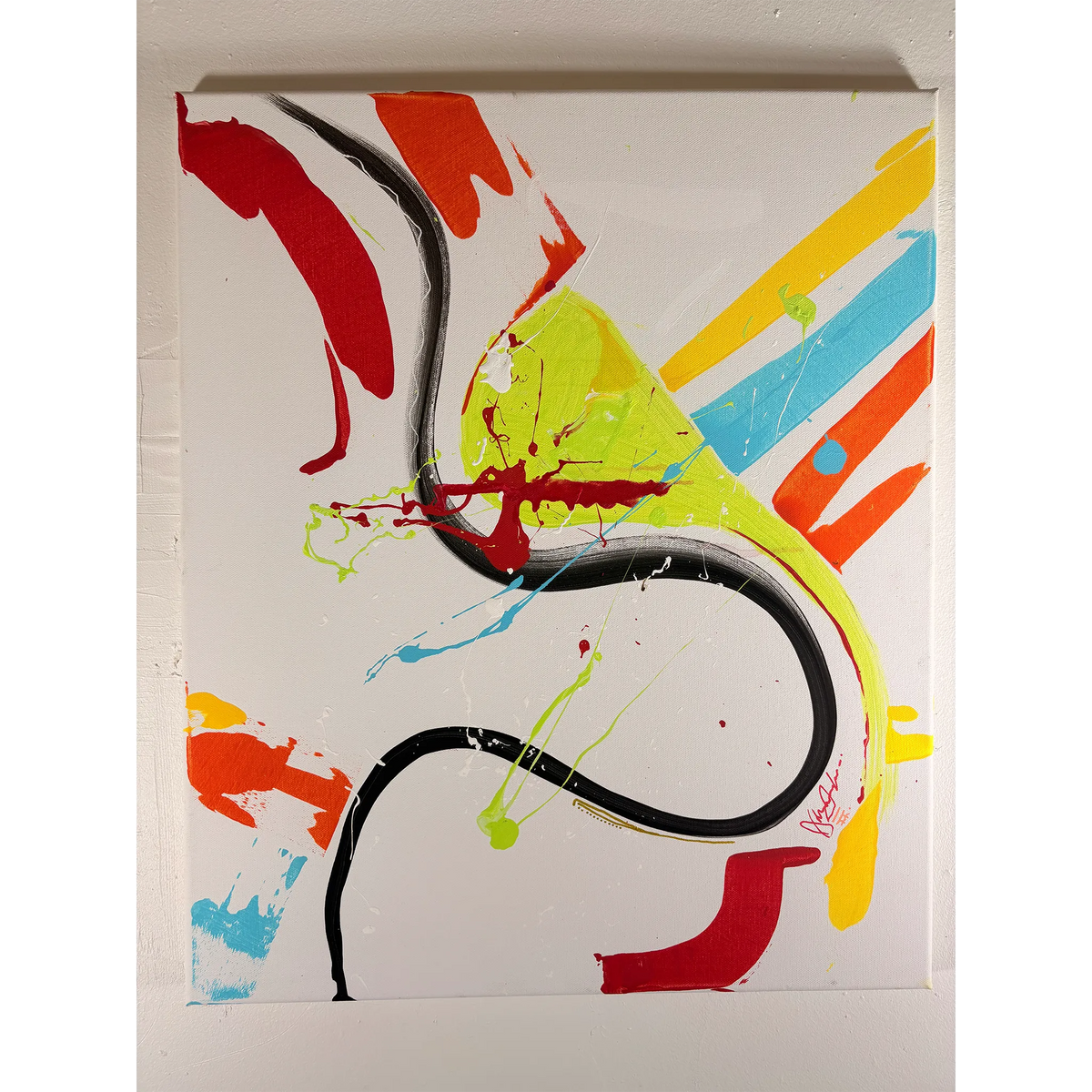 Front view of an abstract acrylic painting with black curves, red brushstrokes, diagonal yellow, blue, and orange stripes, and lime and red splatters on white.