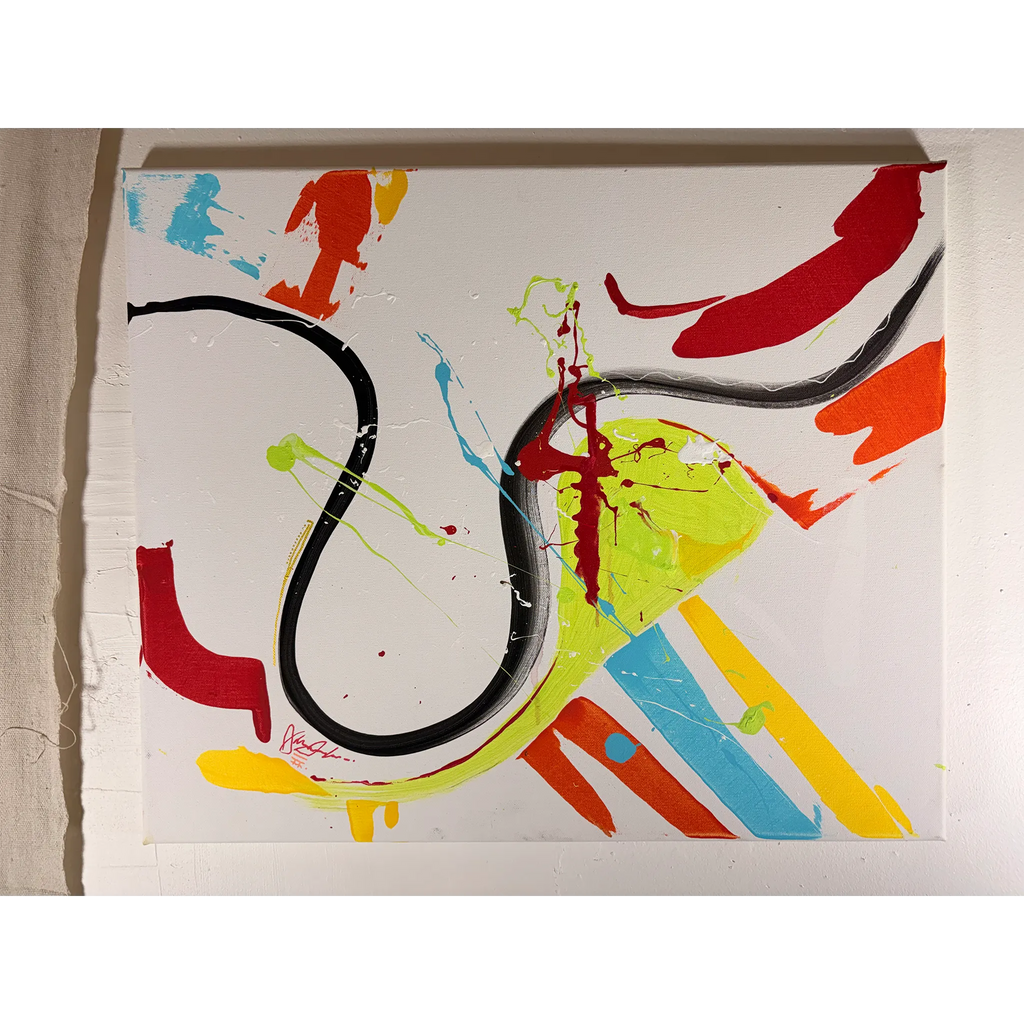 Abstract acrylic painting displayed horizontally, with a looping black curve, red and orange brushstrokes, and yellow, lime, and light blue marks on white.

