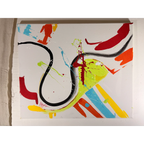 Abstract acrylic painting displayed horizontally, with a looping black curve, red and orange brushstrokes, and yellow, lime, and light blue marks on white.
