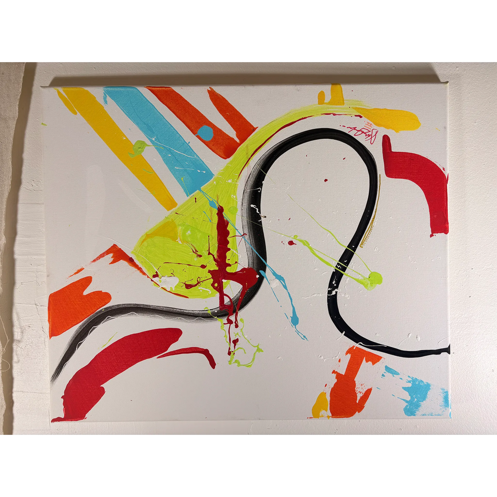 Abstract acrylic painting on a wall in horizontal orientation, with diagonal colored stripes, sweeping black curves, and central red splatters.