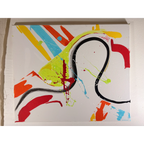 Abstract acrylic painting on a wall in horizontal orientation, with diagonal colored stripes, sweeping black curves, and central red splatters.