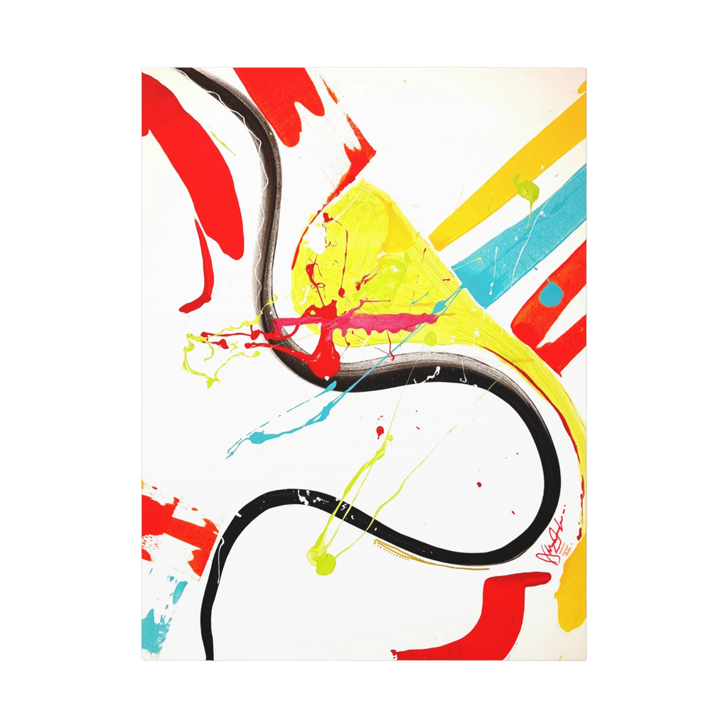The front preview of 'Stripe Status' by FREEBRD, a colorful, 30 x 40, vibrant, modern abstract canvas with a 1.25 inch thickness that shows sgraffito paint scrapes and thrown acrylic paint textures in teal, yellow, orange, black and red.