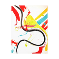 The front preview of 'Stripe Status' by FREEBRD, a colorful, 30 x 40, vibrant, modern abstract canvas with a 1.25 inch thickness that shows sgraffito paint scrapes and thrown acrylic paint textures in teal, yellow, orange, black and red.