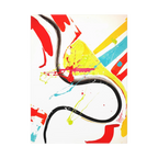 The front preview of 'Stripe Status' by FREEBRD, a colorful, 30 x 40, vibrant, modern abstract canvas with a 1.25 inch thickness that shows sgraffito paint scrapes and thrown acrylic paint textures in teal, yellow, orange, black and red.
