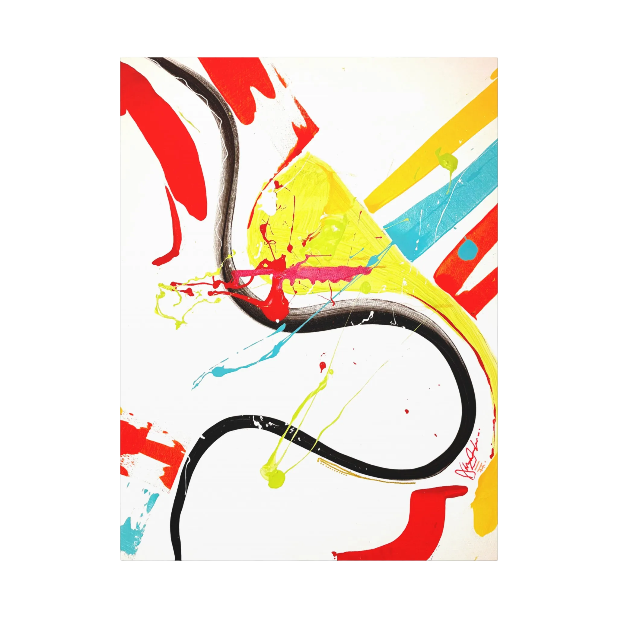 The front preview of 'Stripe Status' by FREEBRD, a colorful, 30 x 40, vibrant, modern abstract canvas with a 1.25 inch thickness that shows sagrafitti paint scrapes and thrown acrylic paint textures in teal, yellow, orange, black and red.  