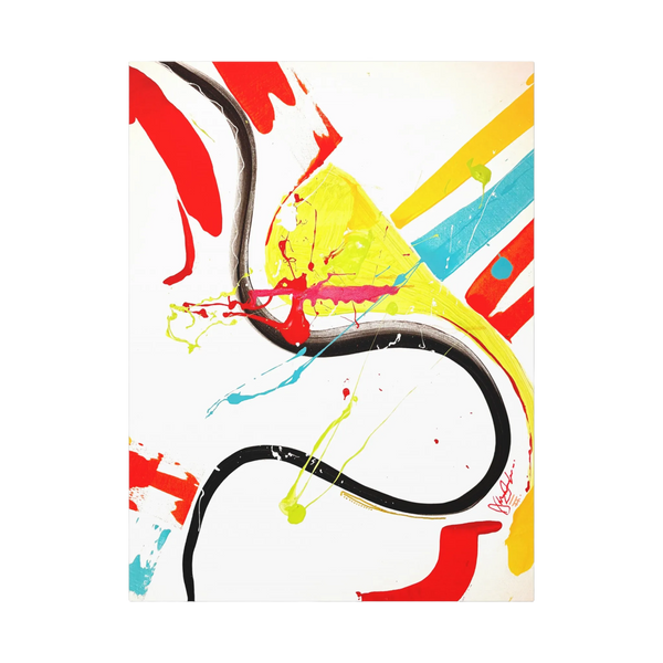 The front preview of 'Stripe Status' by FREEBRD, a colorful, 30 x 40, vibrant, modern abstract canvas with a 1.25 inch thickness that shows sgraffito paint scrapes and thrown acrylic paint textures in teal, yellow, orange, black and red.