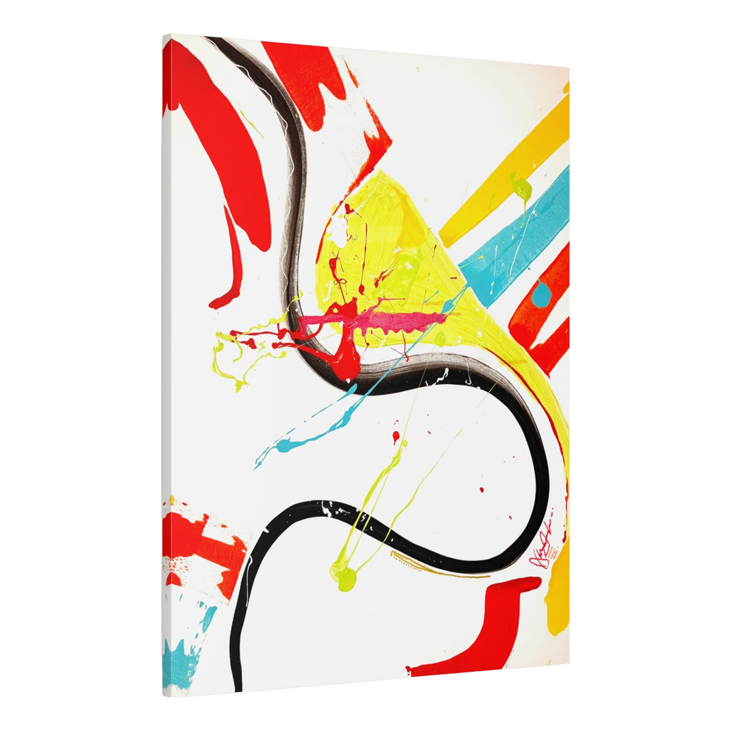 The side preview of 'Stripe Status' by FREEBRD, a colorful, 30 x 40, vibrant, modern abstract canvas with a 1.25 inch thickness that shows sgraffito paint scrapes and thrown acrylic paint textures in teal, yellow, orange, black and red.