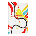 The side preview of 'Stripe Status' by FREEBRD, a colorful, 30 x 40, vibrant, modern abstract canvas with a 1.25 inch thickness that shows sgraffito paint scrapes and thrown acrylic paint textures in teal, yellow, orange, black and red.
