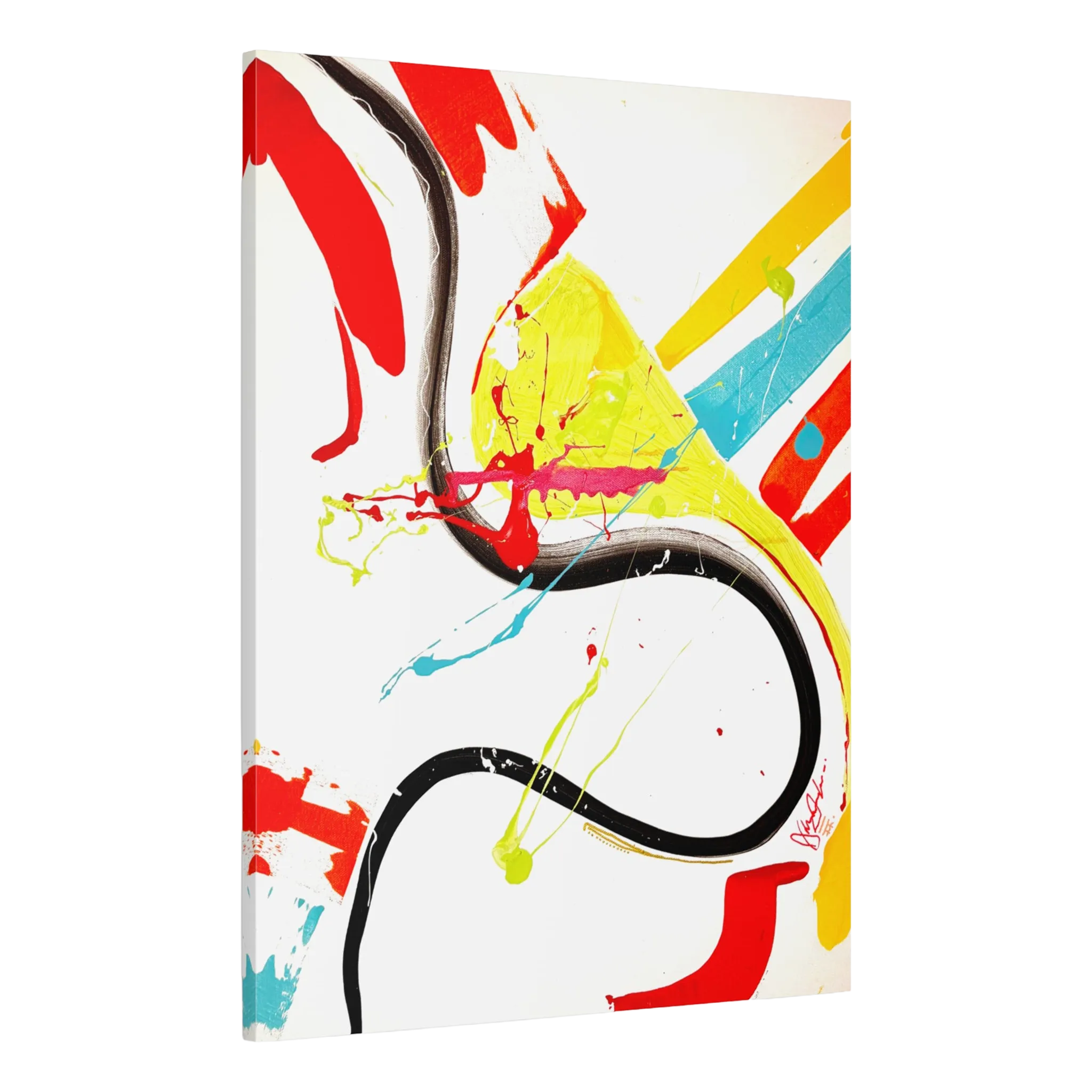 The side preview of 'Stripe Status' by FREEBRD, a colorful, 30 x 40, vibrant, modern abstract canvas with a 1.25 inch thickness that shows sgrafitti paint scrapes and thrown acrylic paint textures in teal, yellow, orange, black and red.  