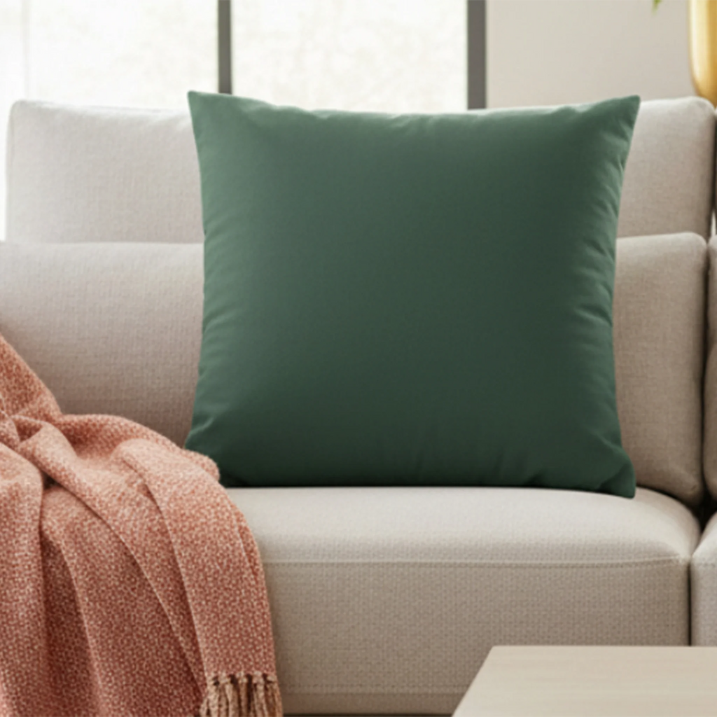 Stromboli Green faux suede pillow styled on a couch in a modern living room.
