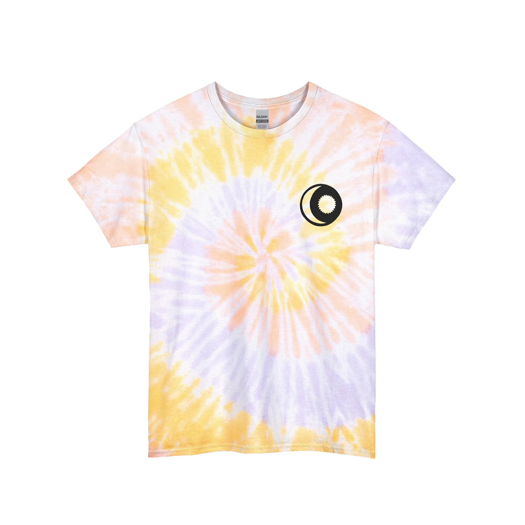 A summer sky spiral tie-dye t-shirt with a yellow and purple base and yellow and white spiral pattern, featuring a sun and moon graphic on the front.

