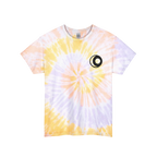 A summer sky spiral tie-dye t-shirt with a yellow and purple base and yellow and white spiral pattern, featuring a sun and moon graphic on the front.
