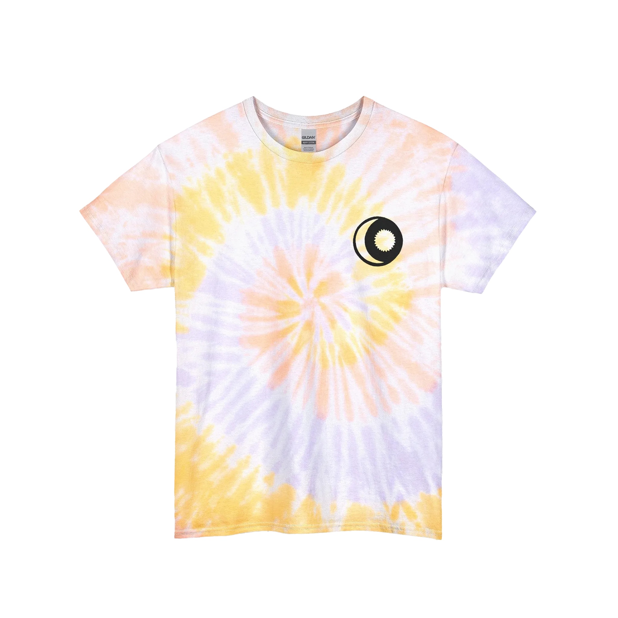 A summer sky spiral tie-dye t-shirt with a yellow and purple base and yellow and white spiral pattern, featuring a sun and moon graphic on the front.
