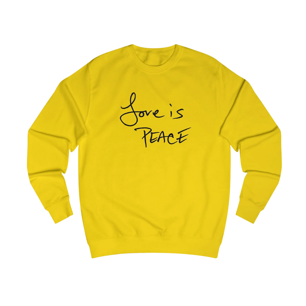 Sun Yellow Love is Peace crewneck sweatshirt, handwritten Love is Peace graphic, crew neck, front view.