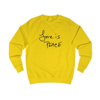 Sun Yellow Love is Peace crewneck sweatshirt, handwritten Love is Peace graphic, crew neck, front view.