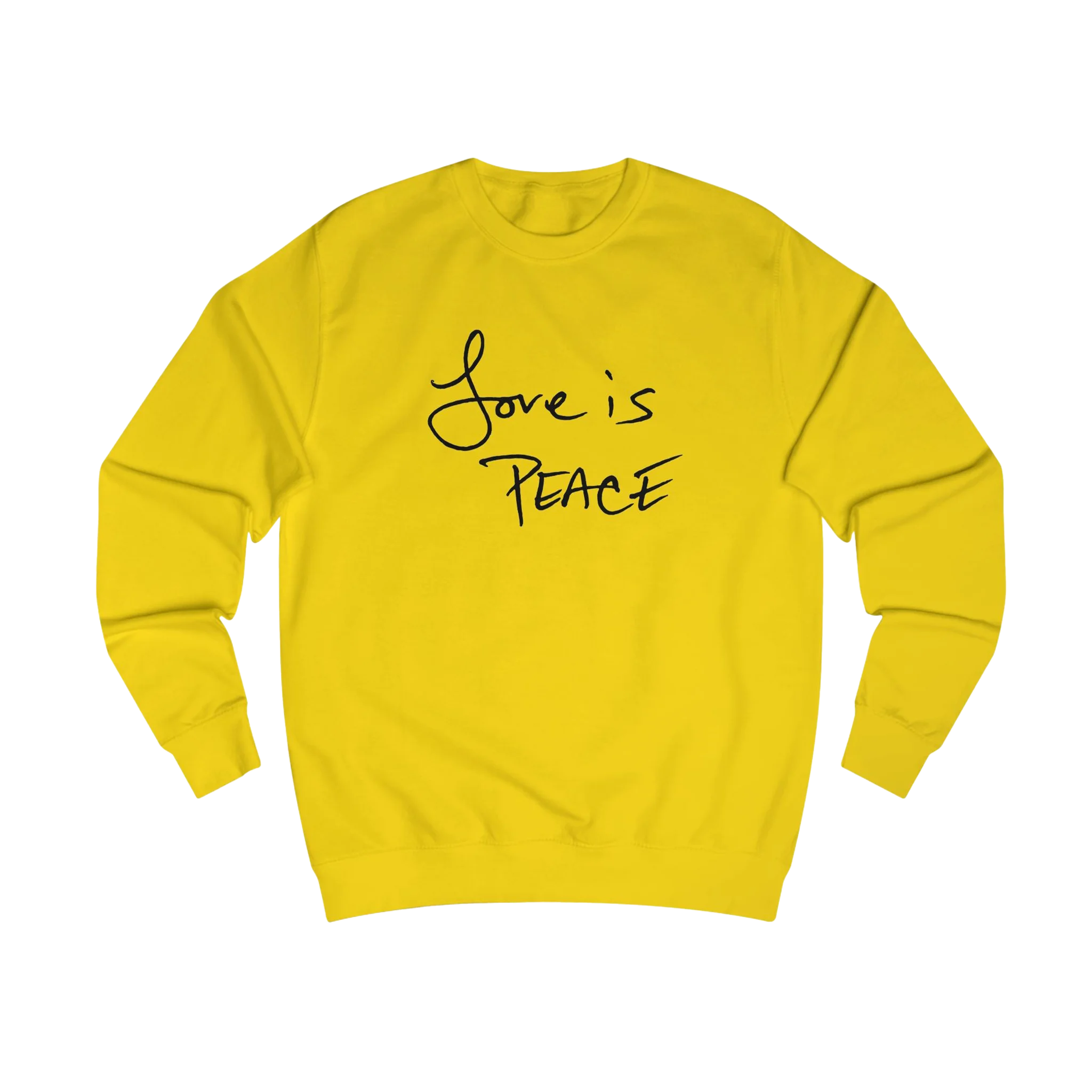 Sun Yellow Love is Peace crewneck sweatshirt, black print, front view.