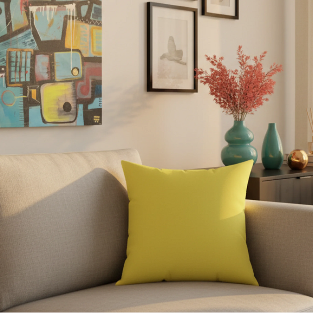 Sunshine yellow faux suede pillow, styled on a couch in a modern living room, lifestyle preview.