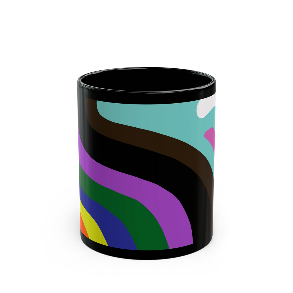 A front view of the Support Love Ceramic Mug, an 11oz glossy ceramic coffee cup with a colorful abstract pride pattern and black rim.