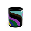 A front view of the Support Love Ceramic Mug, an 11oz glossy ceramic coffee cup with a colorful abstract pride pattern and black rim.