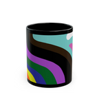 A front view of the Support Love Ceramic Mug, an 11oz glossy ceramic coffee cup with a colorful abstract pride pattern and black rim.