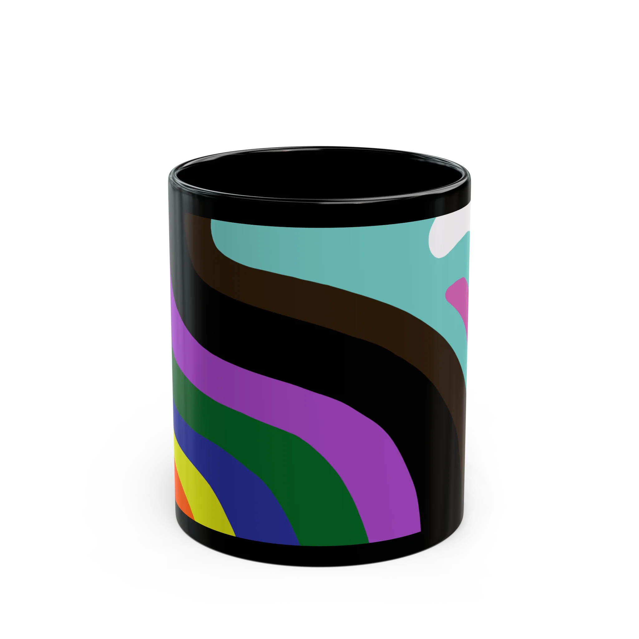 A front view of the Support Love Ceramic Mug, an 11oz glossy ceramic coffee cup with a colorful abstract pride pattern and black rim.