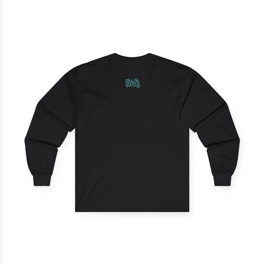 Black long-sleeve top, back view, with a teal glow FREEBRD script logo below the neckline.