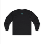 Black long-sleeve top, back view, with a teal glow FREEBRD script logo below the neckline.